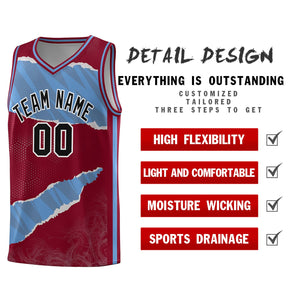 Custom Crimson Light Blue-Crimson Tear Graffiti Pattern Sports Uniform Basketball Jersey