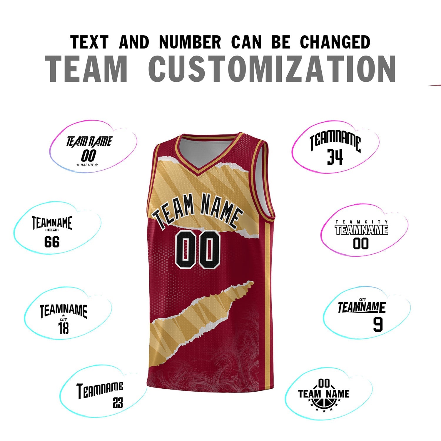 Custom Crimson Old Gold-Old Gold Tear Graffiti Pattern Sports Uniform Basketball Jersey