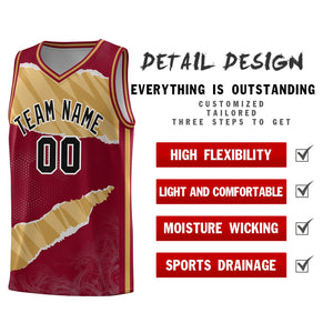 Custom Crimson Old Gold-Old Gold Tear Graffiti Pattern Sports Uniform Basketball Jersey