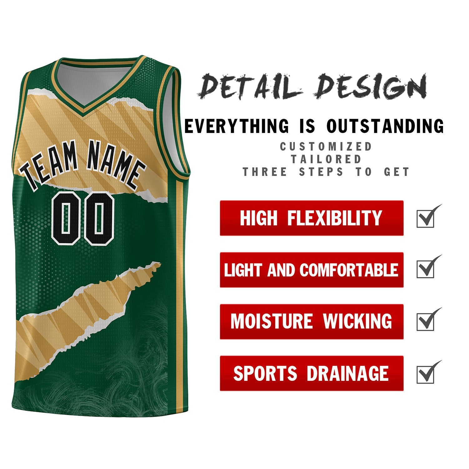 Custom Hunter Green Old Gold-Old Gold Tear Graffiti Pattern Sports Uniform Basketball Jersey