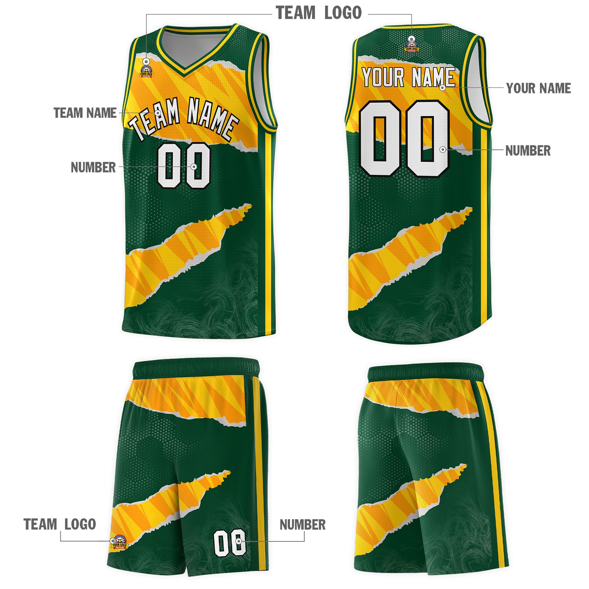 Custom Hunter Green Gold-Orange Tear Graffiti Pattern Sports Uniform Basketball Jersey