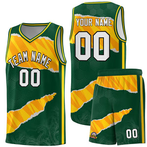 Custom Hunter Green Gold-Orange Tear Graffiti Pattern Sports Uniform Basketball Jersey