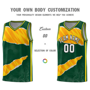 Custom Hunter Green Gold-Orange Tear Graffiti Pattern Sports Uniform Basketball Jersey