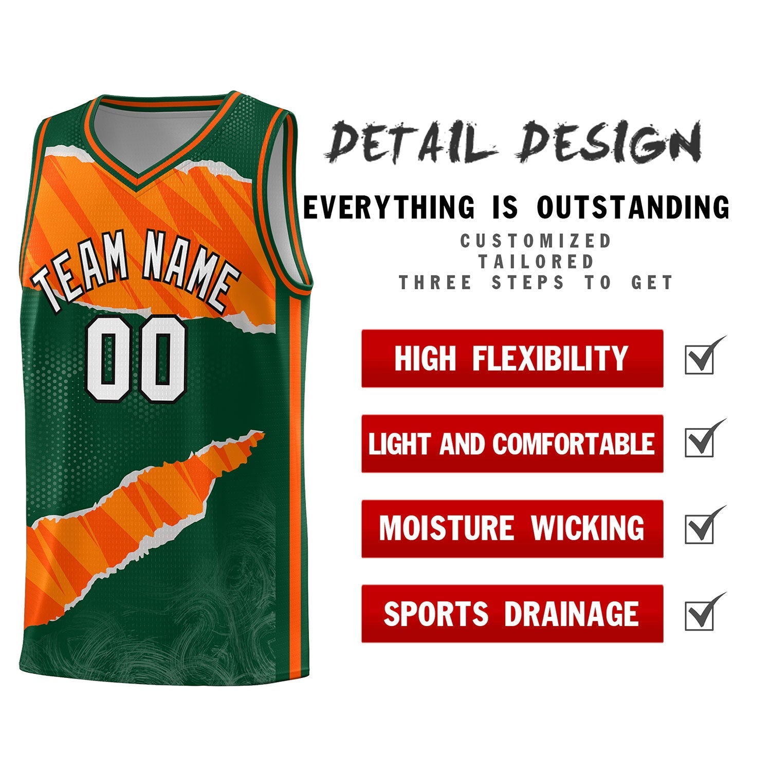 Custom Hunter Green Orange-Gold Tear Graffiti Pattern Sports Uniform Basketball Jersey