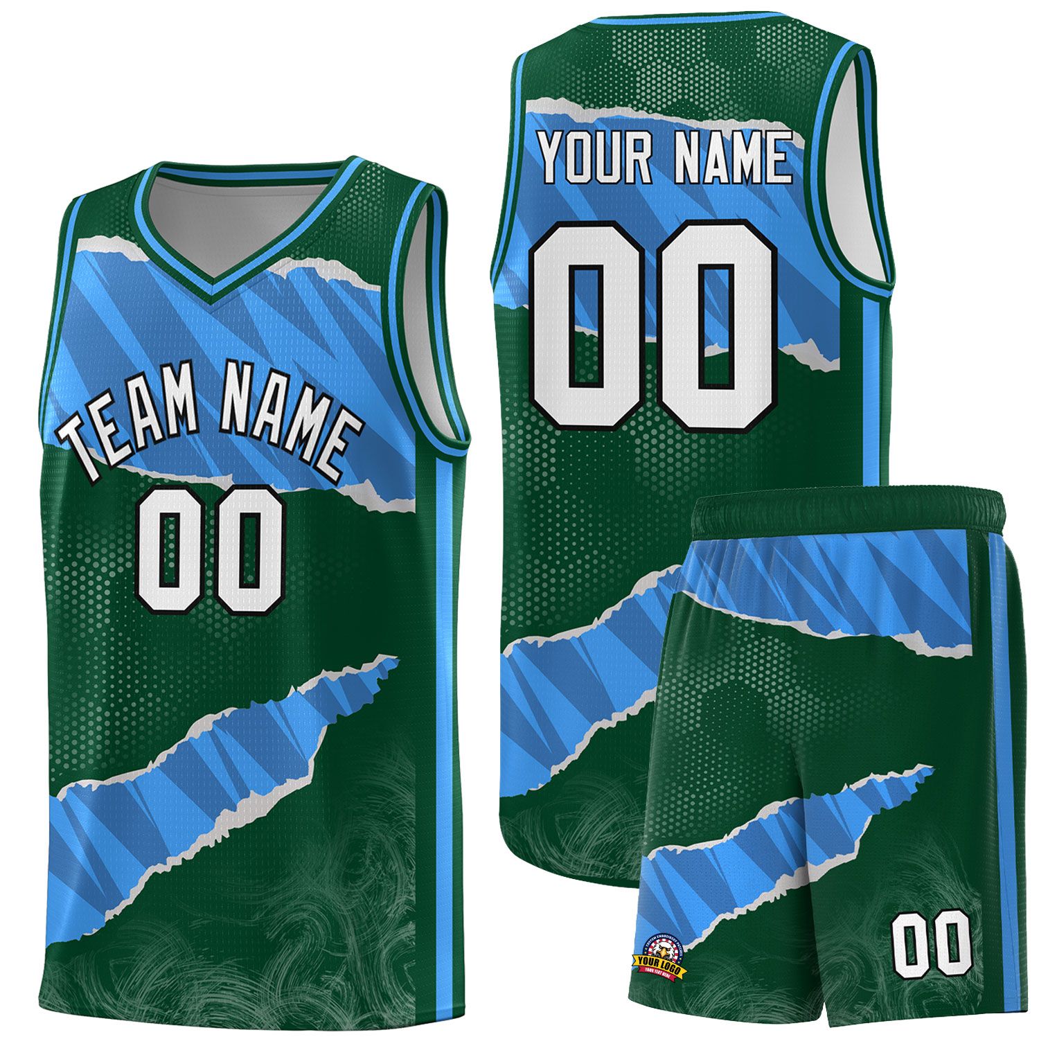 Custom Hunter Green Light Blue-Navy Tear Graffiti Pattern Sports Uniform Basketball Jersey