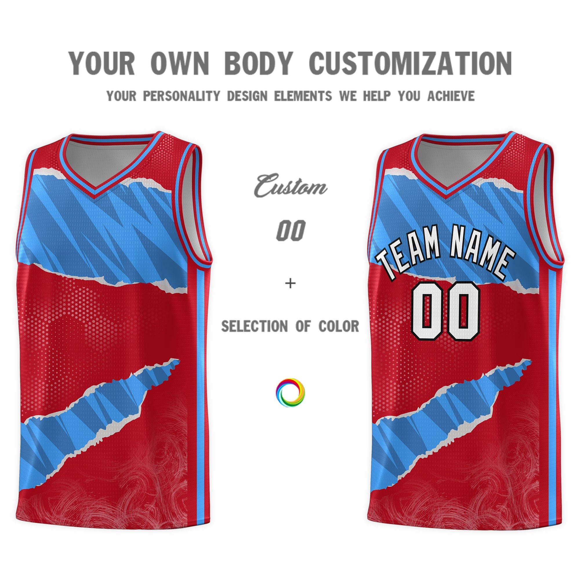 Custom Red Light Blue-Navy Tear Graffiti Pattern Sports Uniform Basketball Jersey