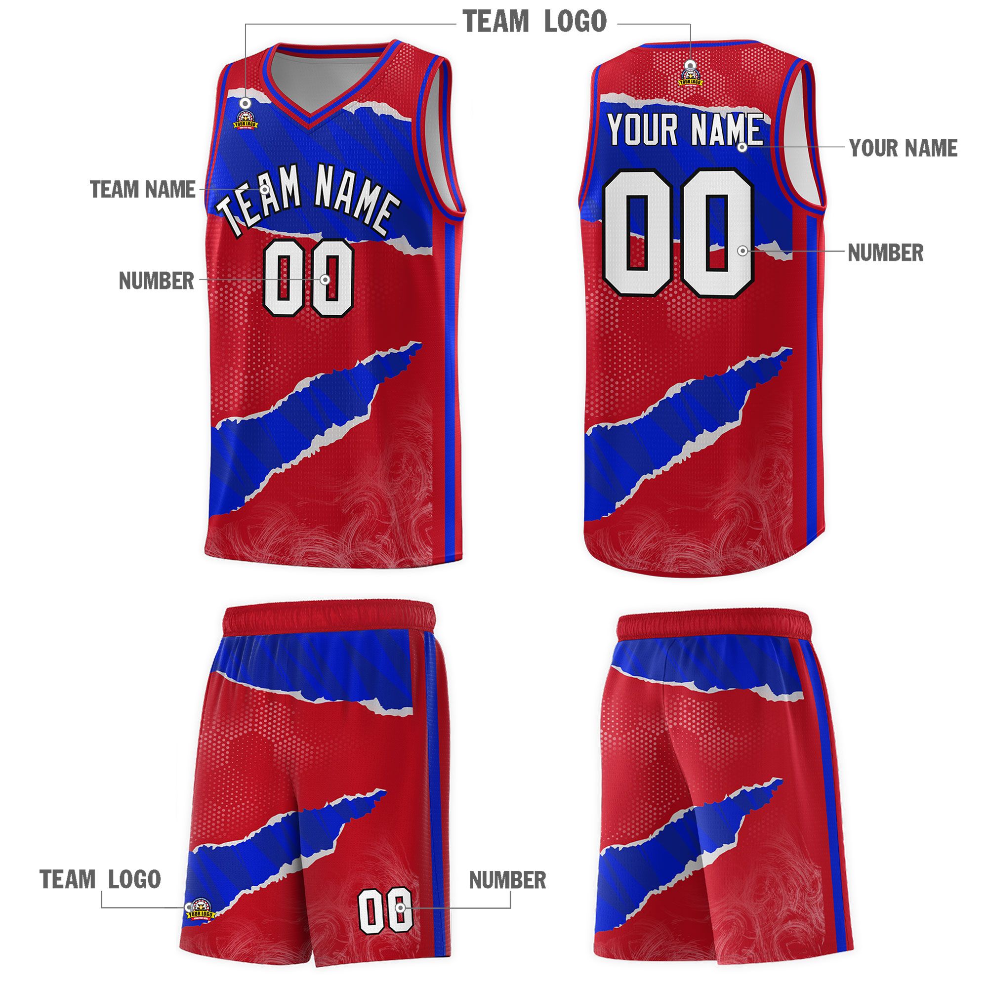 Custom Red Royal-Black Tear Graffiti Pattern Sports Uniform Basketball Jersey