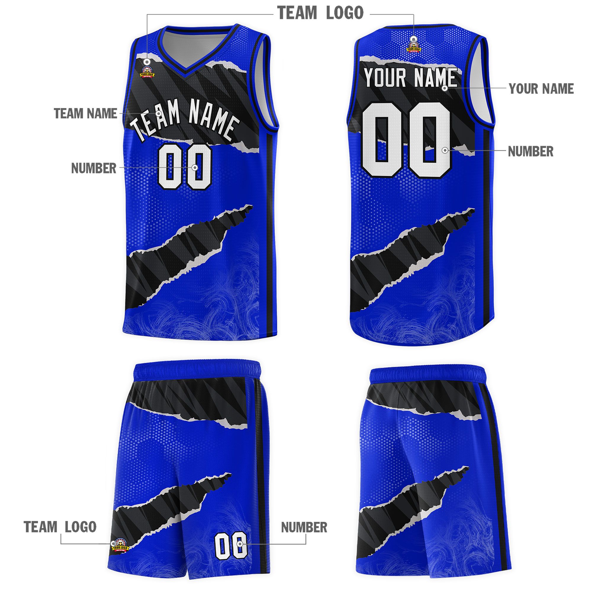 Custom Royal Black-White Tear Graffiti Pattern Sports Uniform Basketball Jersey