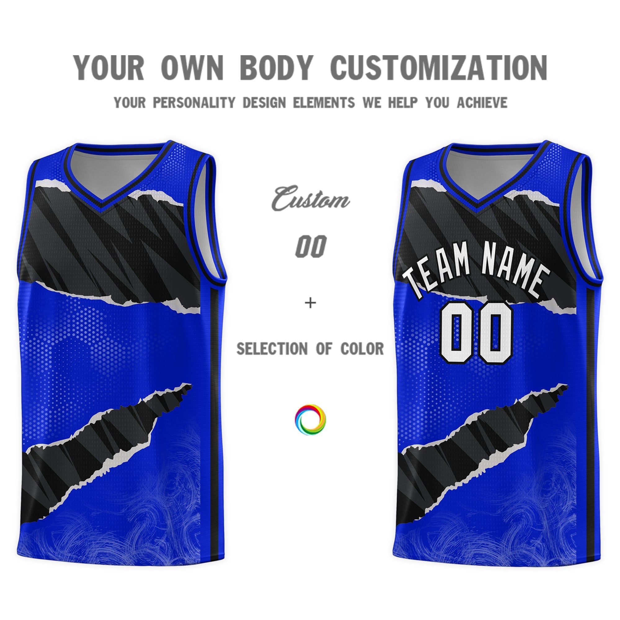 Custom Royal Black-White Tear Graffiti Pattern Sports Uniform Basketball Jersey