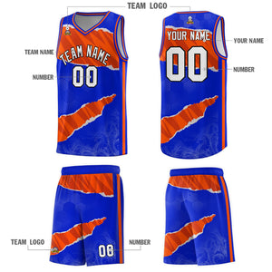 Custom Royal Orange-Black Tear Graffiti Pattern Sports Uniform Basketball Jersey