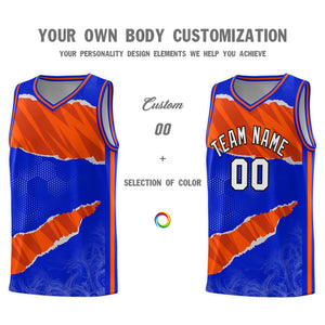 Custom Royal Orange-Black Tear Graffiti Pattern Sports Uniform Basketball Jersey