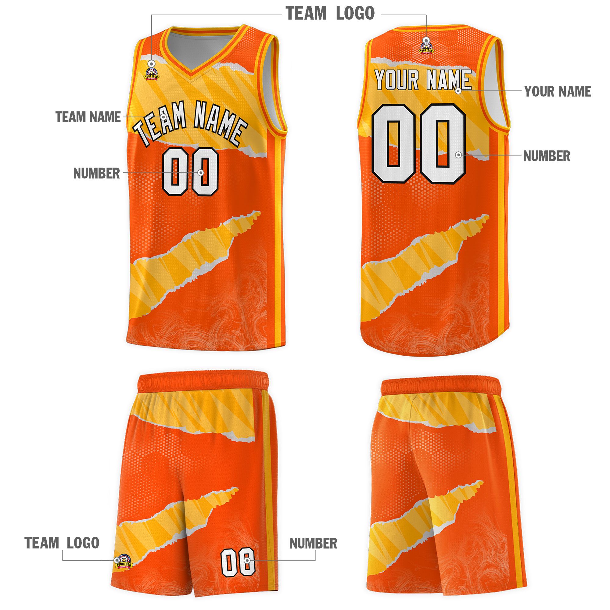 Custom Orange Yellow-White Tear Graffiti Pattern Sports Uniform Basketball Jersey