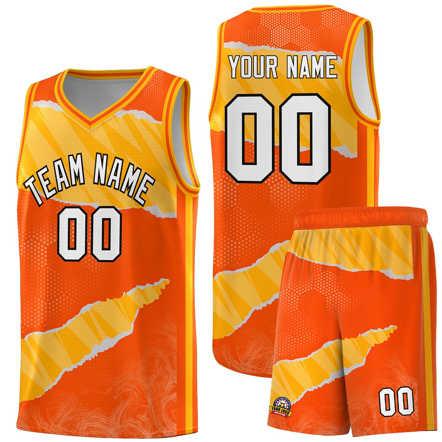 Custom Orange Yellow-White Tear Graffiti Pattern Sports Uniform Basketball Jersey