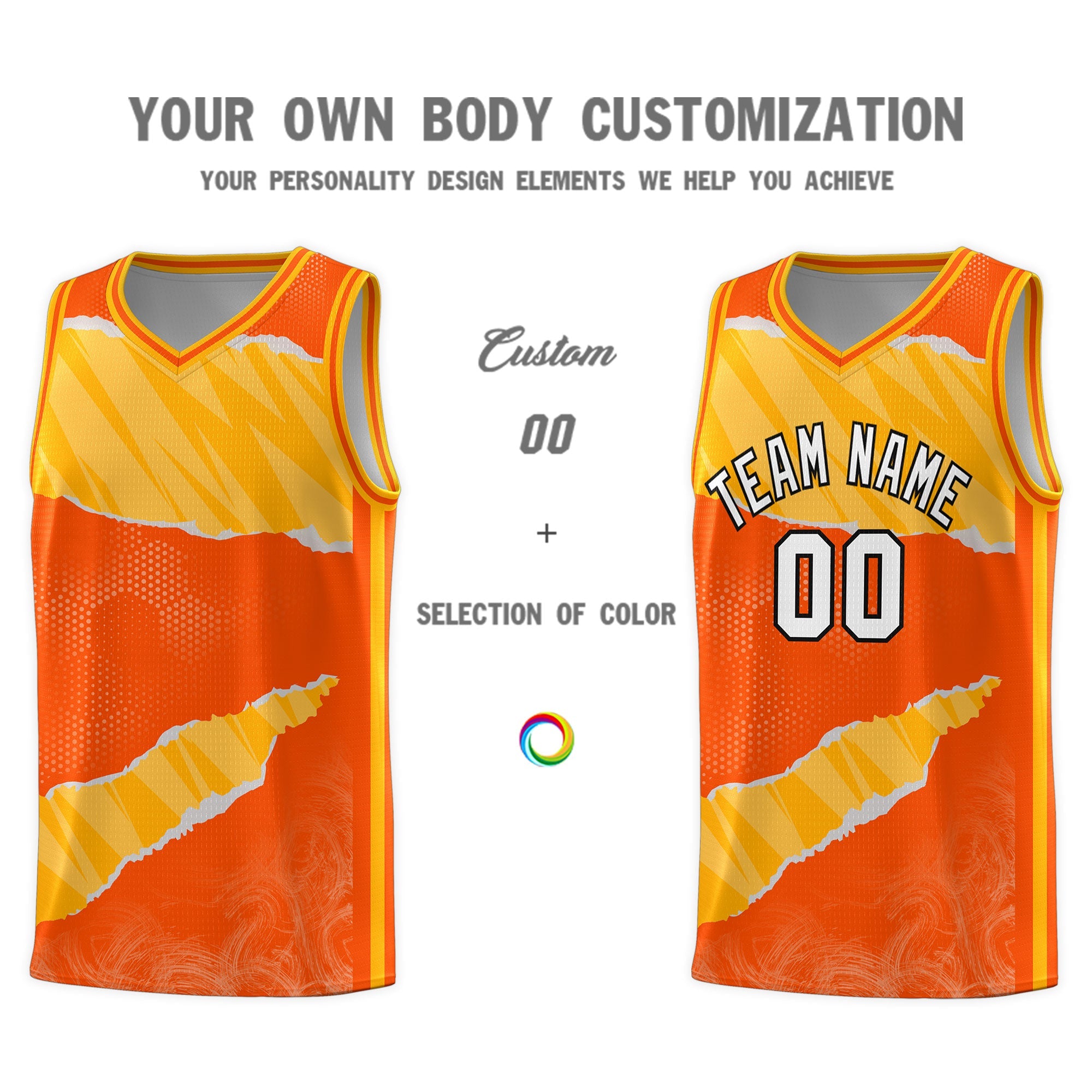 Custom Orange Yellow-White Tear Graffiti Pattern Sports Uniform Basketball Jersey