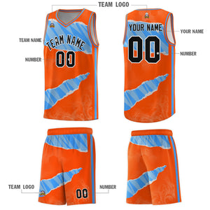 Custom Orange Light Blue-White Tear Graffiti Pattern Sports Uniform Basketball Jersey