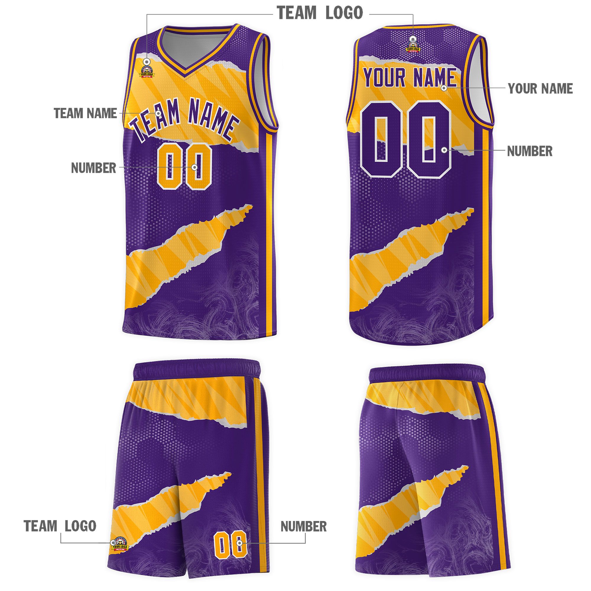 Custom Purple Yellow-White Tear Graffiti Pattern Sports Uniform Basketball Jersey