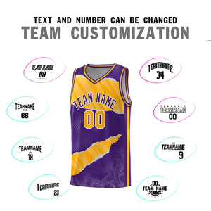 Custom Purple Yellow-White Tear Graffiti Pattern Sports Uniform Basketball Jersey