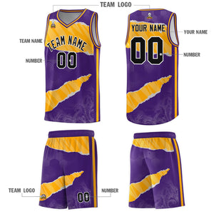 Custom Purple Yellow-White Tear Graffiti Pattern Sports Uniform Basketball Jersey