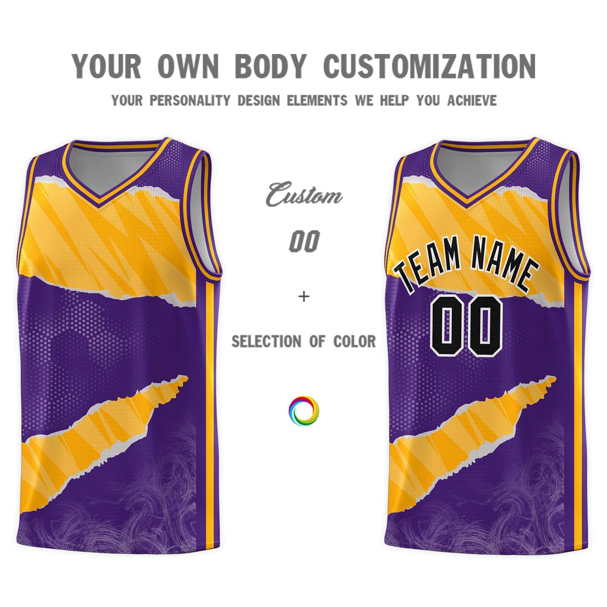 Custom Purple Yellow-White Tear Graffiti Pattern Sports Uniform Basketball Jersey