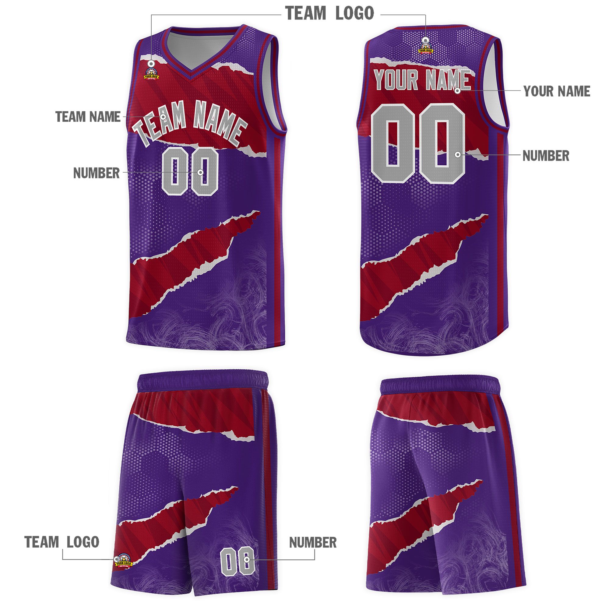 Custom Purple Crimson-Black Tear Graffiti Pattern Sports Uniform Basketball Jersey