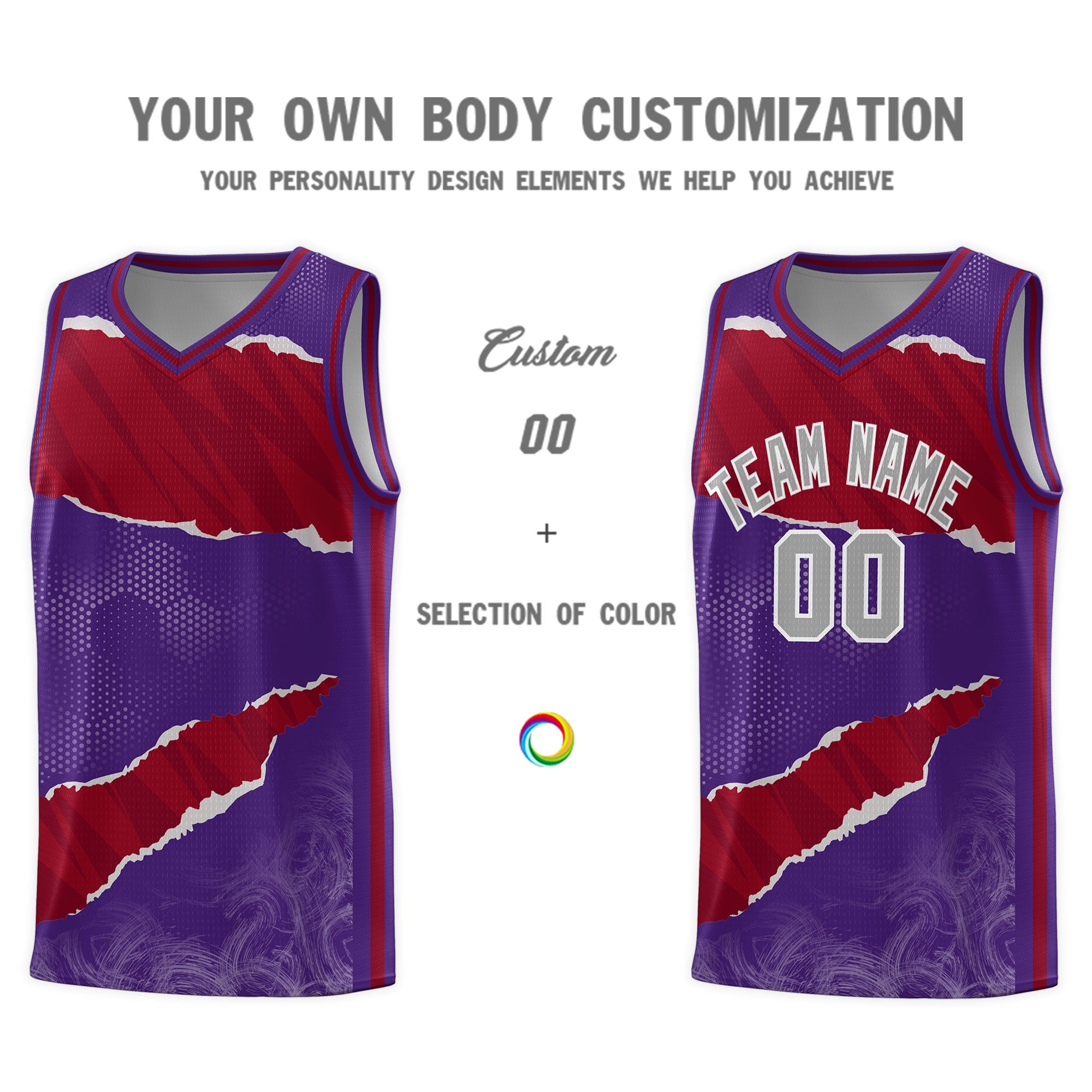 Custom Purple Crimson-Black Tear Graffiti Pattern Sports Uniform Basketball Jersey