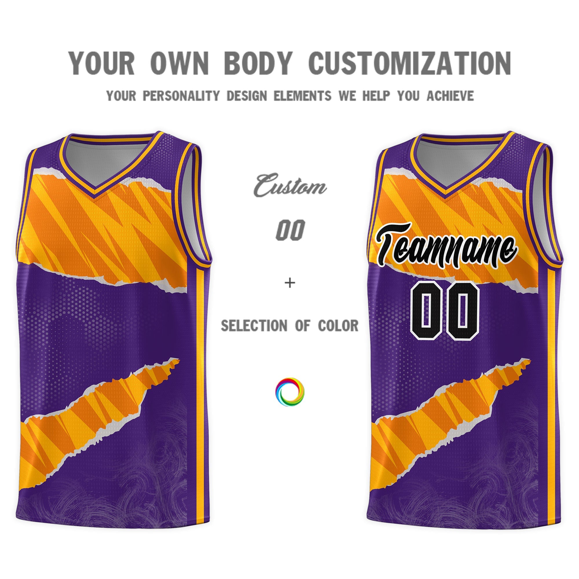 Custom Purple Yellow-Orange Tear Graffiti Pattern Sports Uniform Basketball Jersey