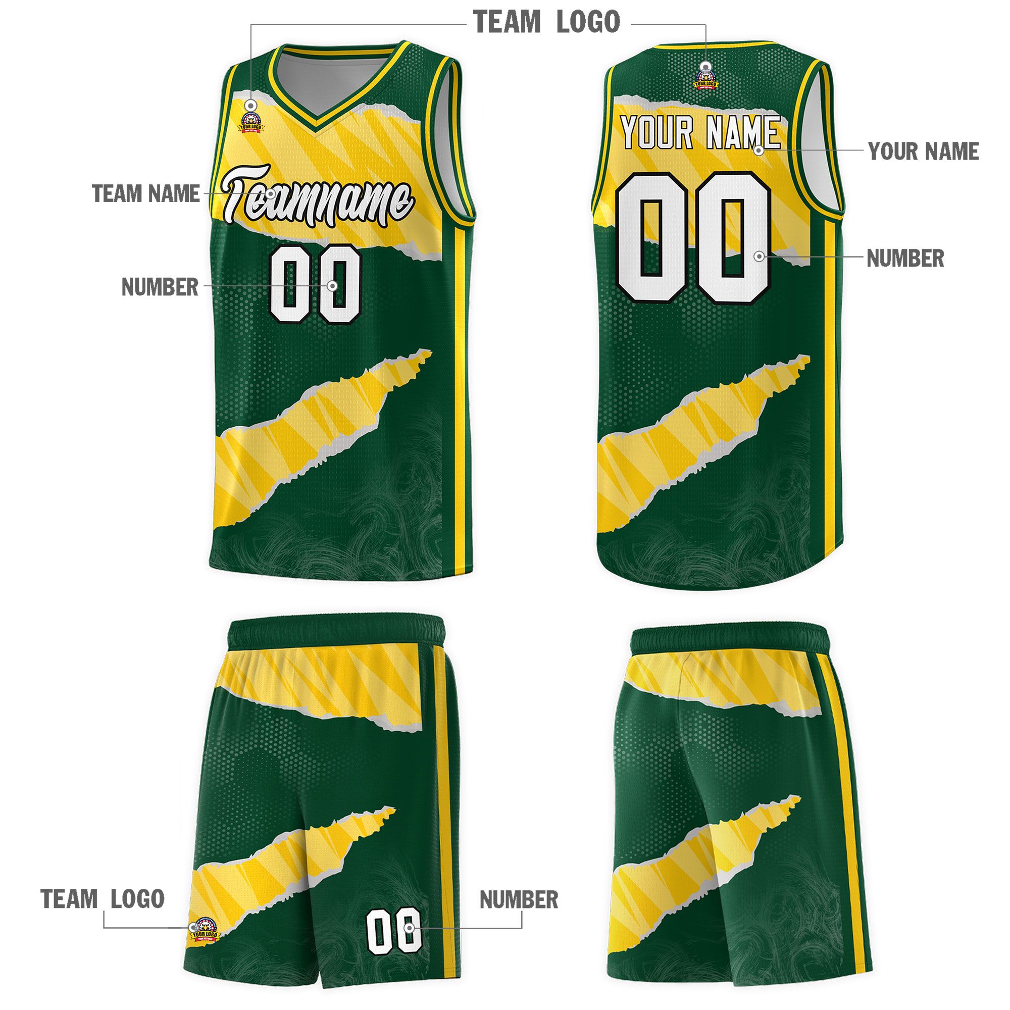 Custom Hunter Green Gold-White Tear Graffiti Pattern Sports Uniform Basketball Jersey