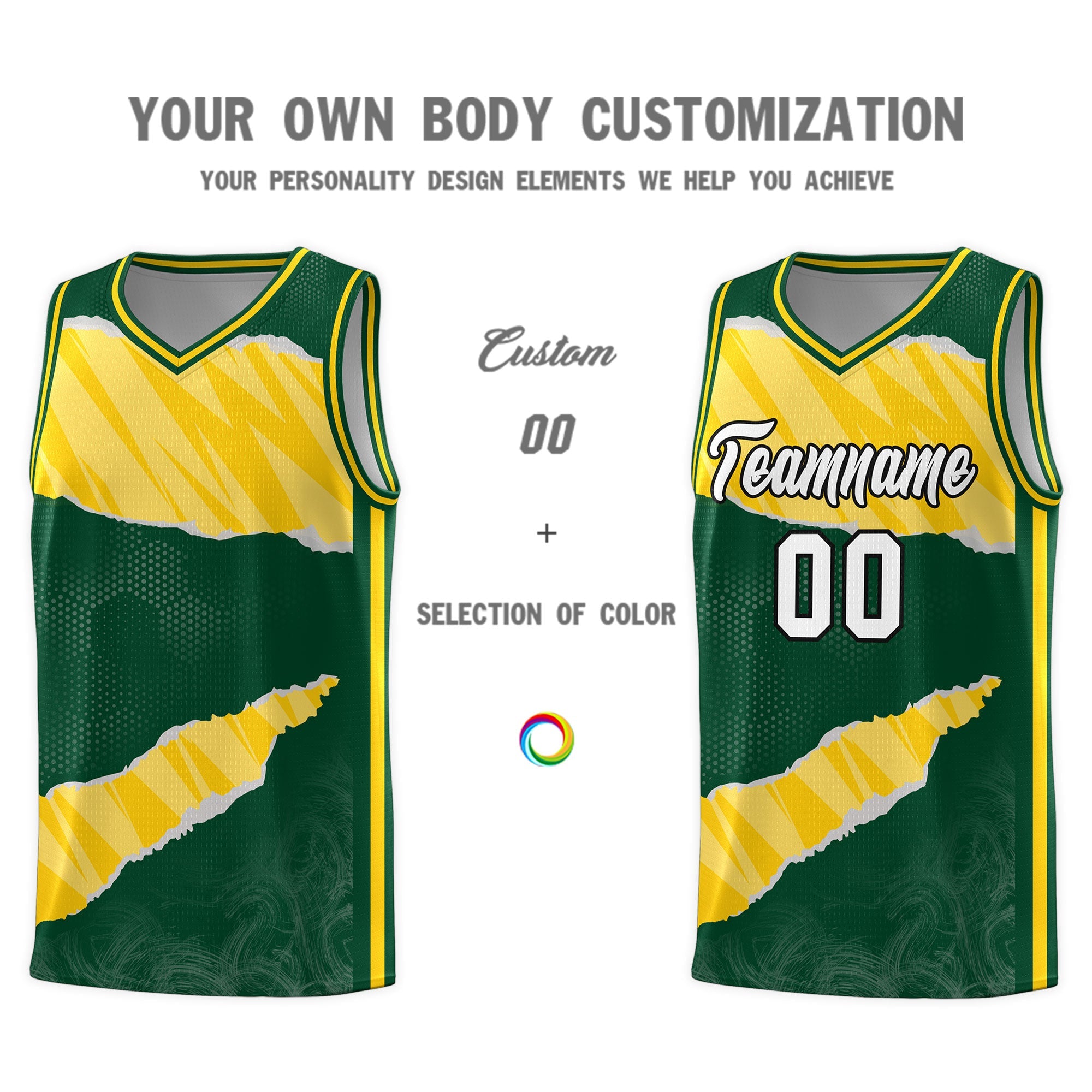 Custom Hunter Green Gold-White Tear Graffiti Pattern Sports Uniform Basketball Jersey