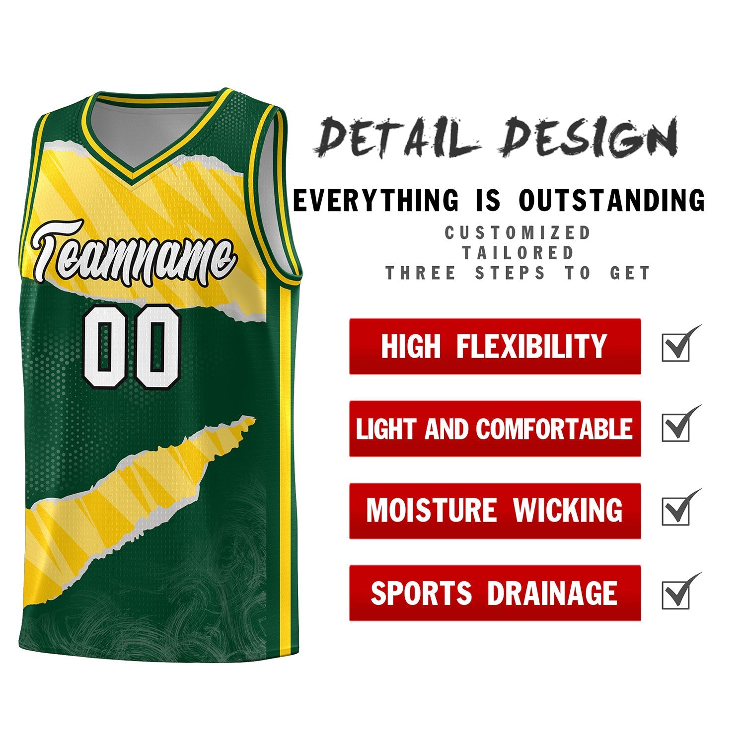 Custom Hunter Green Gold-White Tear Graffiti Pattern Sports Uniform Basketball Jersey