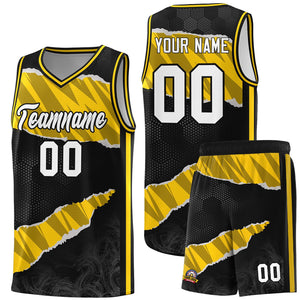 Custom Black Gold-Black Tear Graffiti Pattern Sports Uniform Basketball Jersey