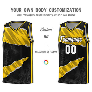 Custom Black Gold-Black Tear Graffiti Pattern Sports Uniform Basketball Jersey