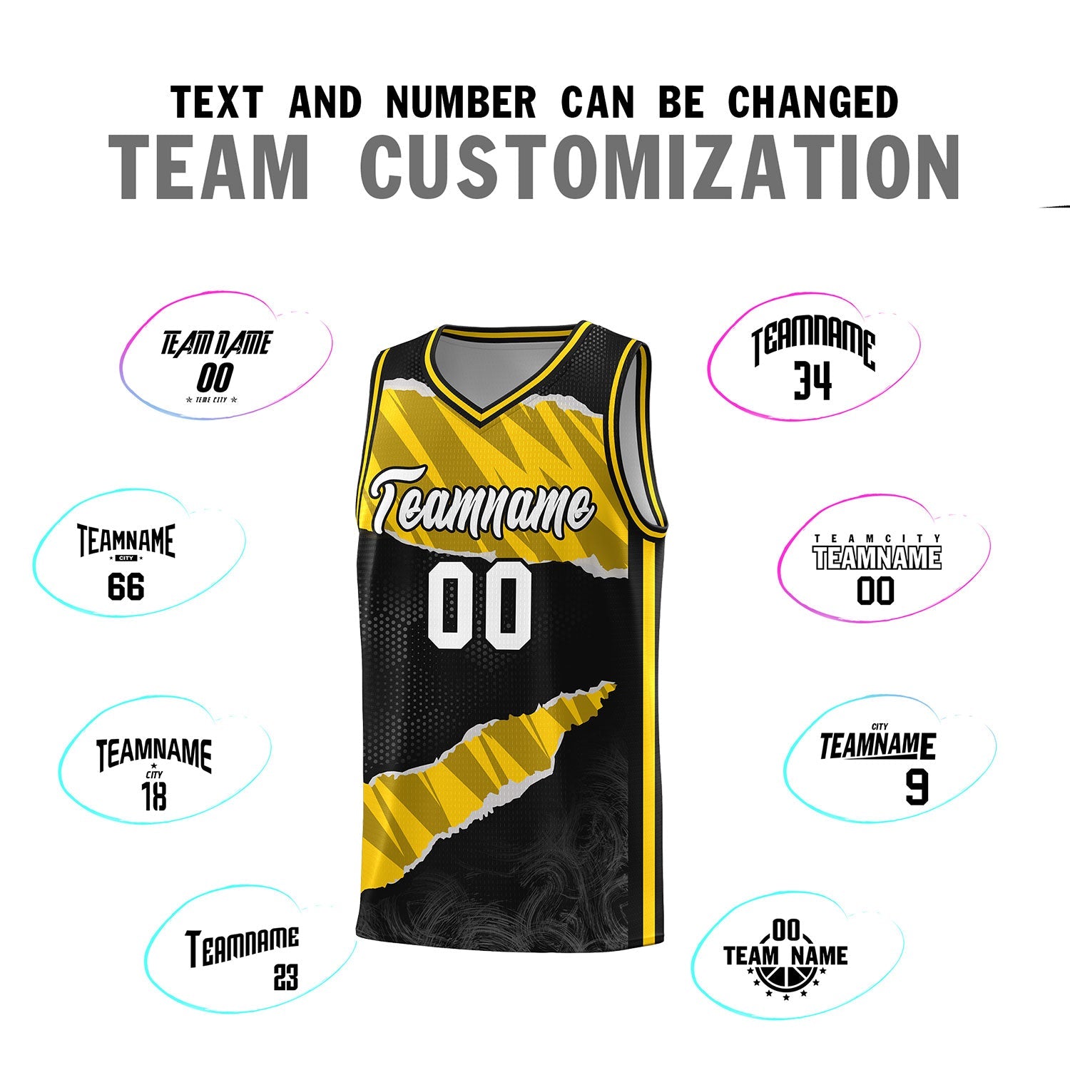 Custom Black Gold-Black Tear Graffiti Pattern Sports Uniform Basketball Jersey