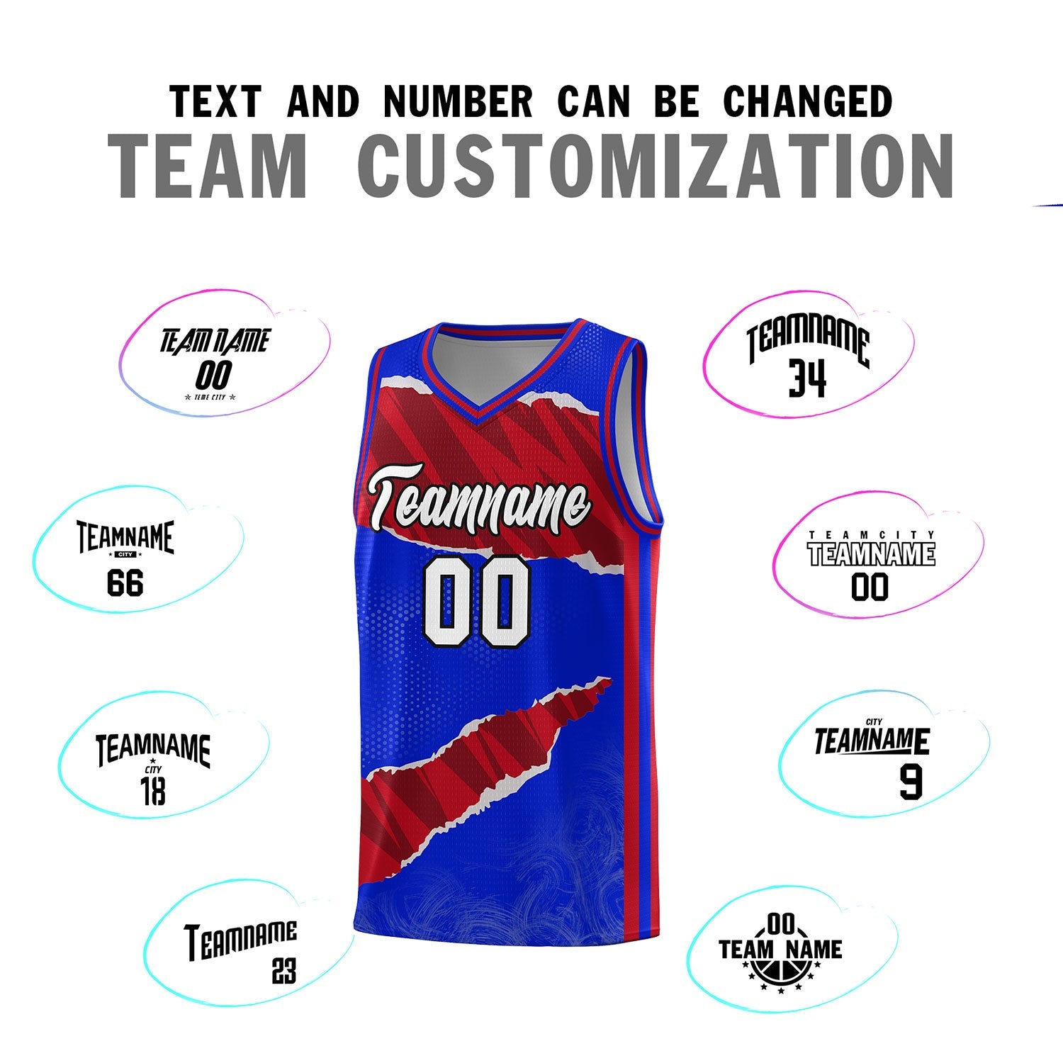 Custom Royal Red-Black Tear Graffiti Pattern Sports Uniform Basketball Jersey