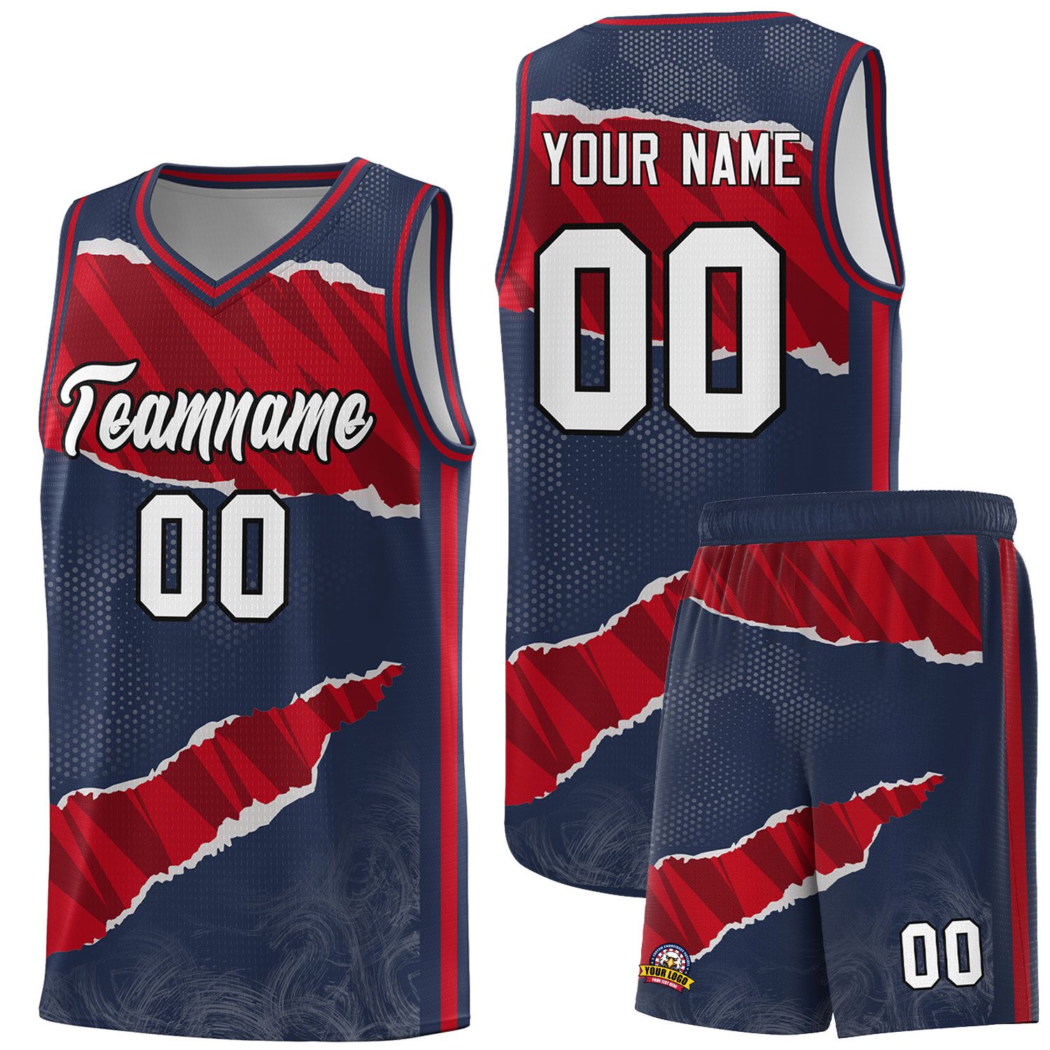 Custom Midnight Blue Red-Black Tear Graffiti Pattern Sports Uniform Basketball Jersey