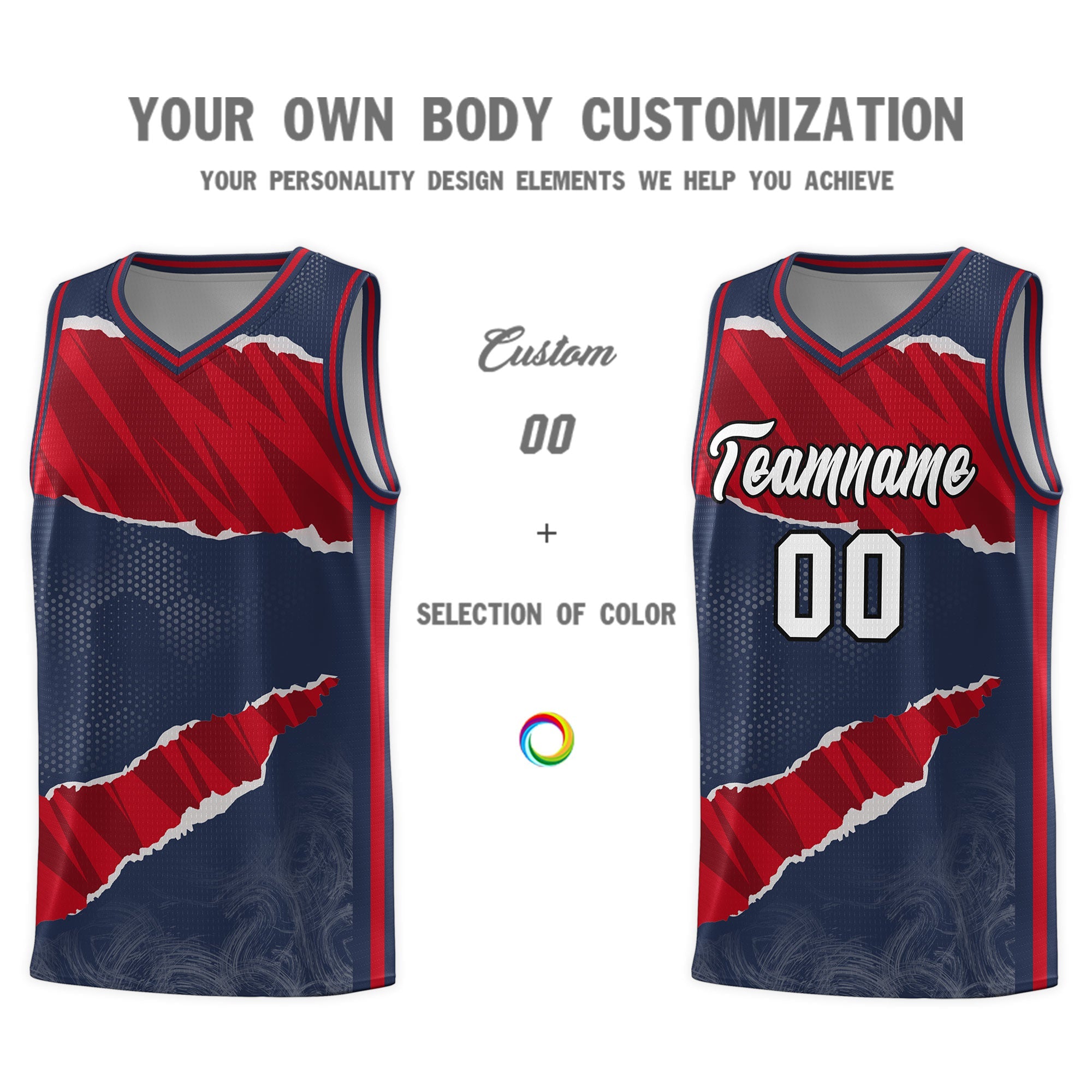 Custom Midnight Blue Red-Black Tear Graffiti Pattern Sports Uniform Basketball Jersey