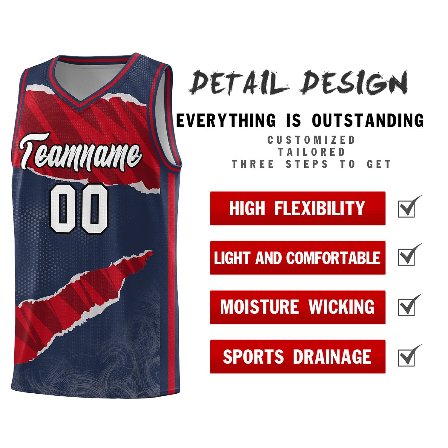 Custom Midnight Blue Red-Black Tear Graffiti Pattern Sports Uniform Basketball Jersey