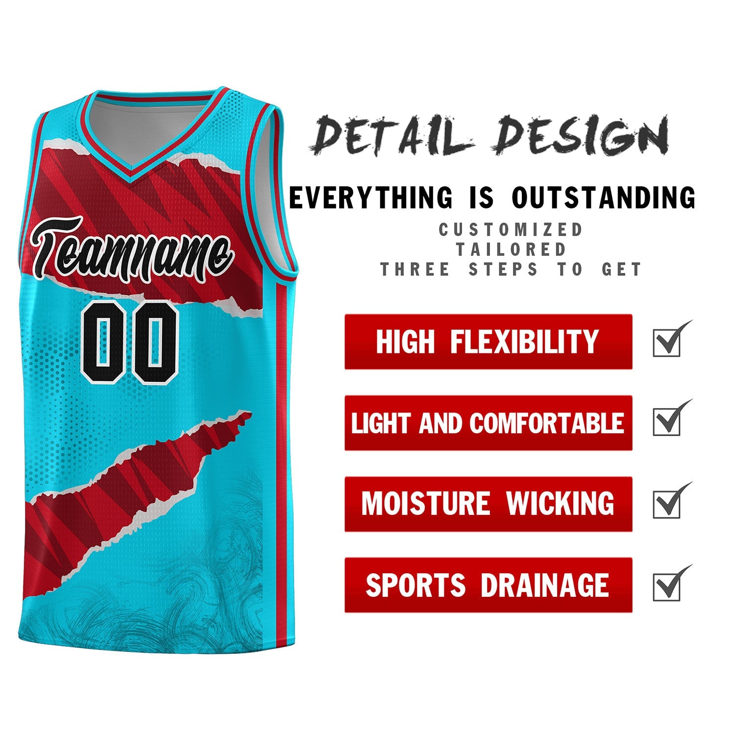 Custom Sky Blue Red-Black Tear Graffiti Pattern Sports Uniform Basketball Jersey