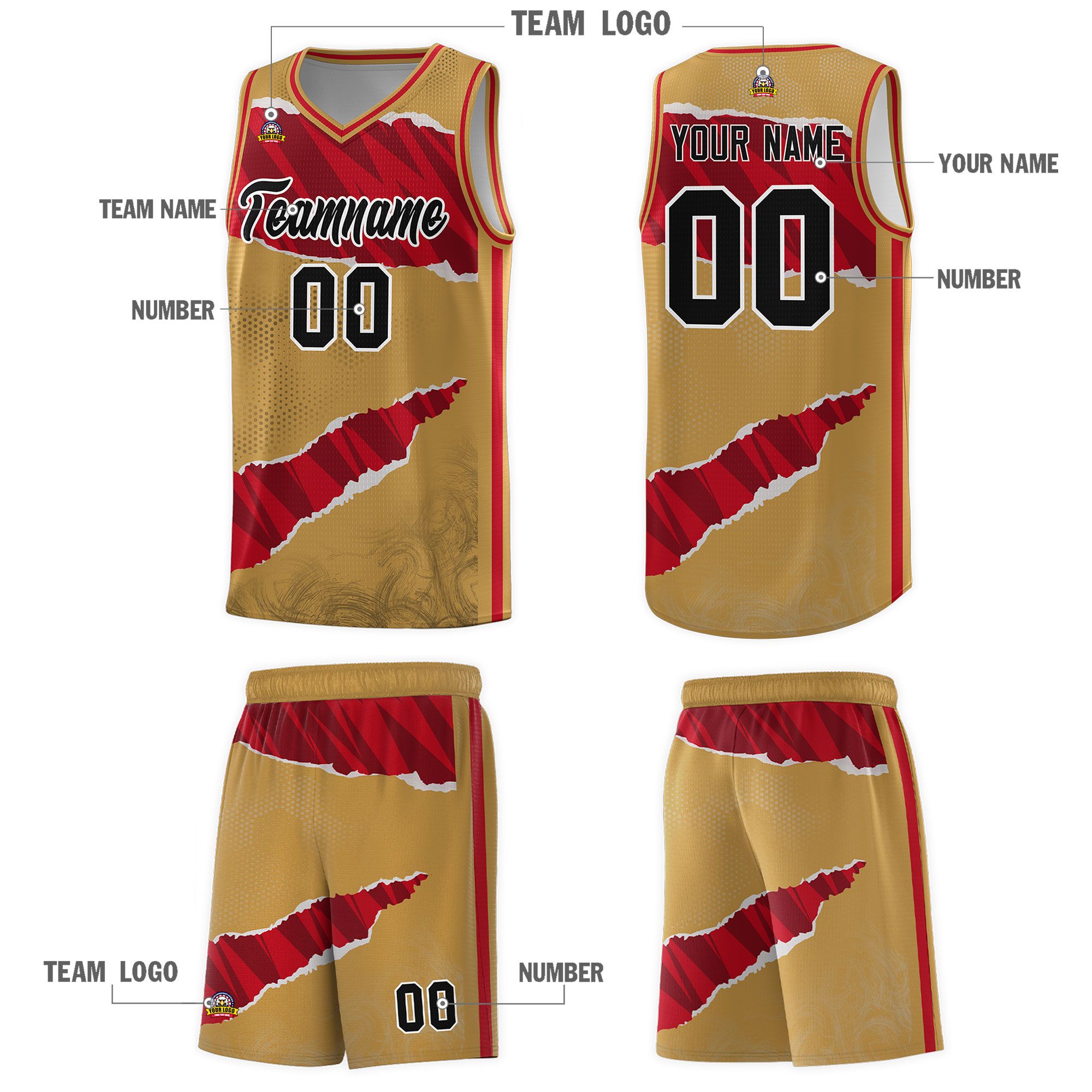 Custom Old Gold Red-Black Tear Graffiti Pattern Sports Uniform Basketball Jersey