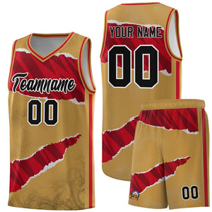 Custom Old Gold Red-Black Tear Graffiti Pattern Sports Uniform Basketball Jersey