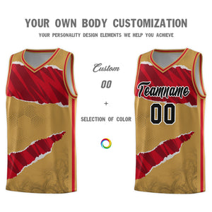 Custom Old Gold Red-Black Tear Graffiti Pattern Sports Uniform Basketball Jersey