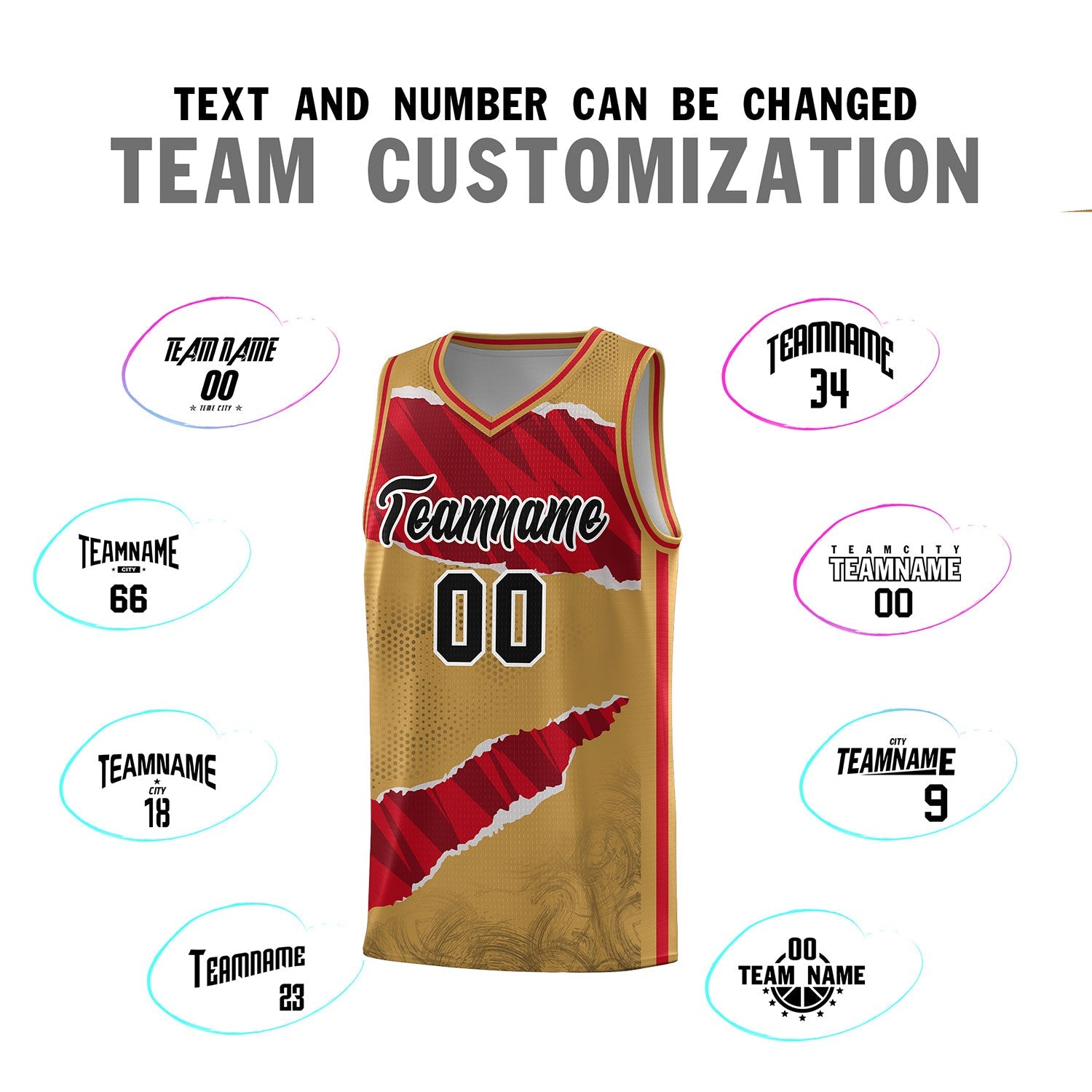 Custom Old Gold Red-Black Tear Graffiti Pattern Sports Uniform Basketball Jersey