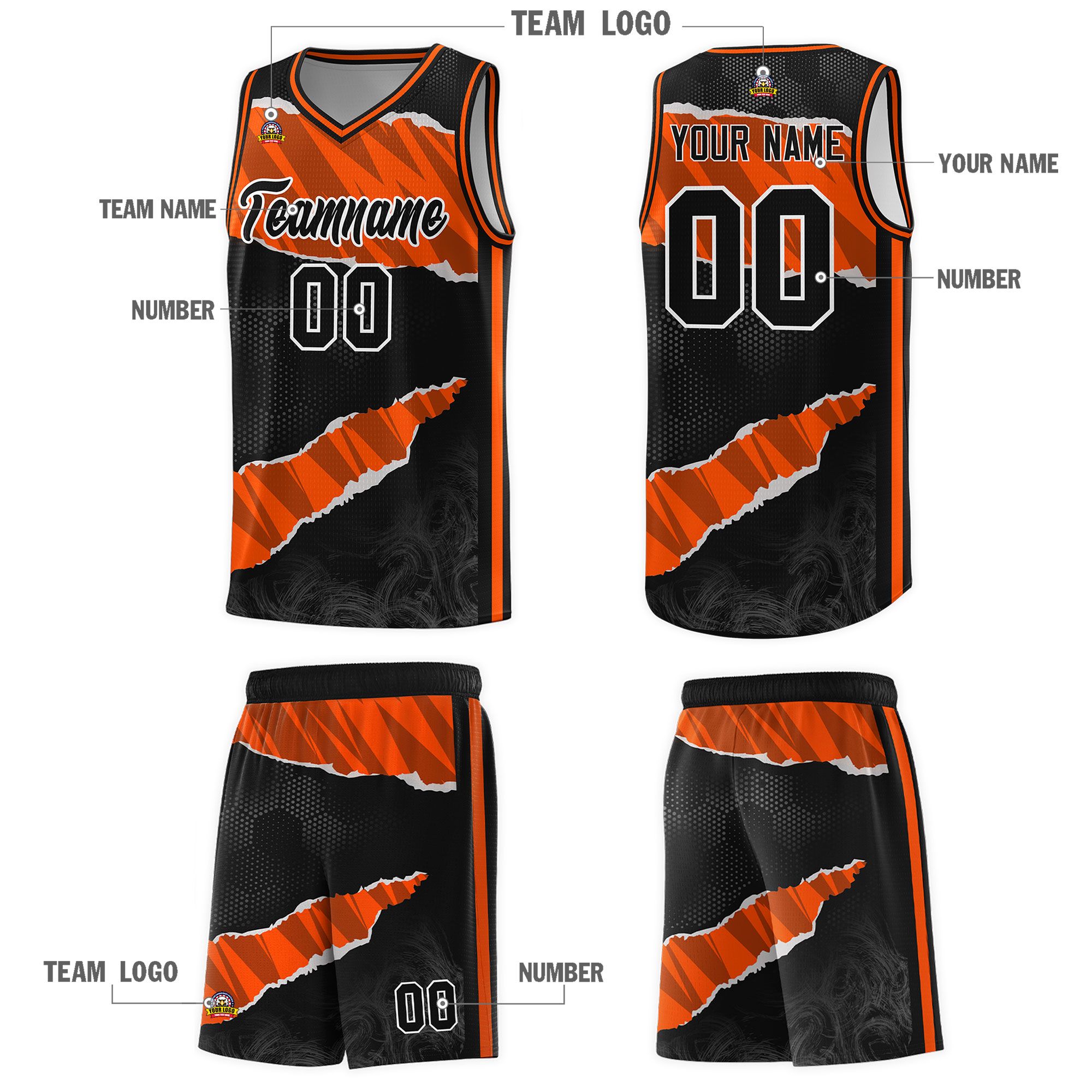 Custom Black Orange-Black Tear Graffiti Pattern Sports Uniform Basketball Jersey