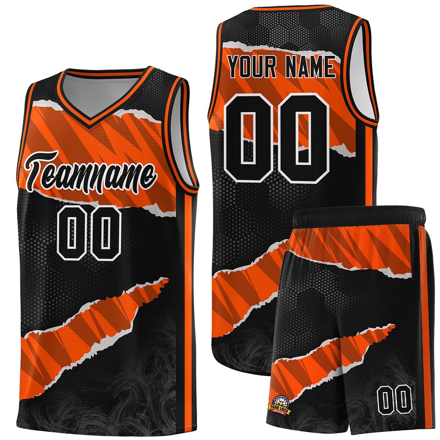 Custom Black Orange-Black Tear Graffiti Pattern Sports Uniform Basketball Jersey