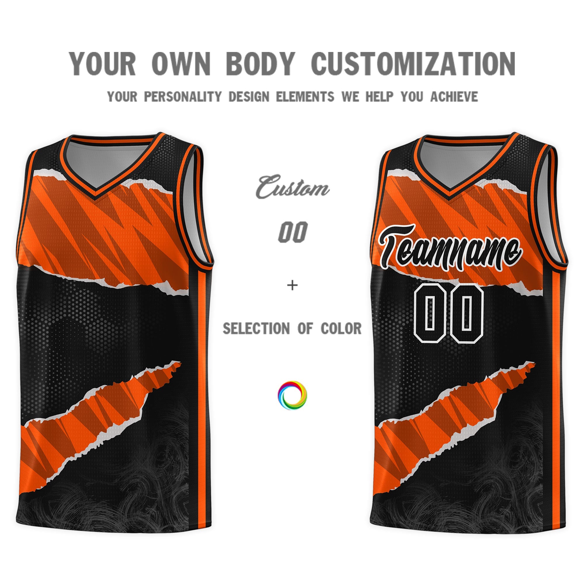 Custom Black Orange-Black Tear Graffiti Pattern Sports Uniform Basketball Jersey