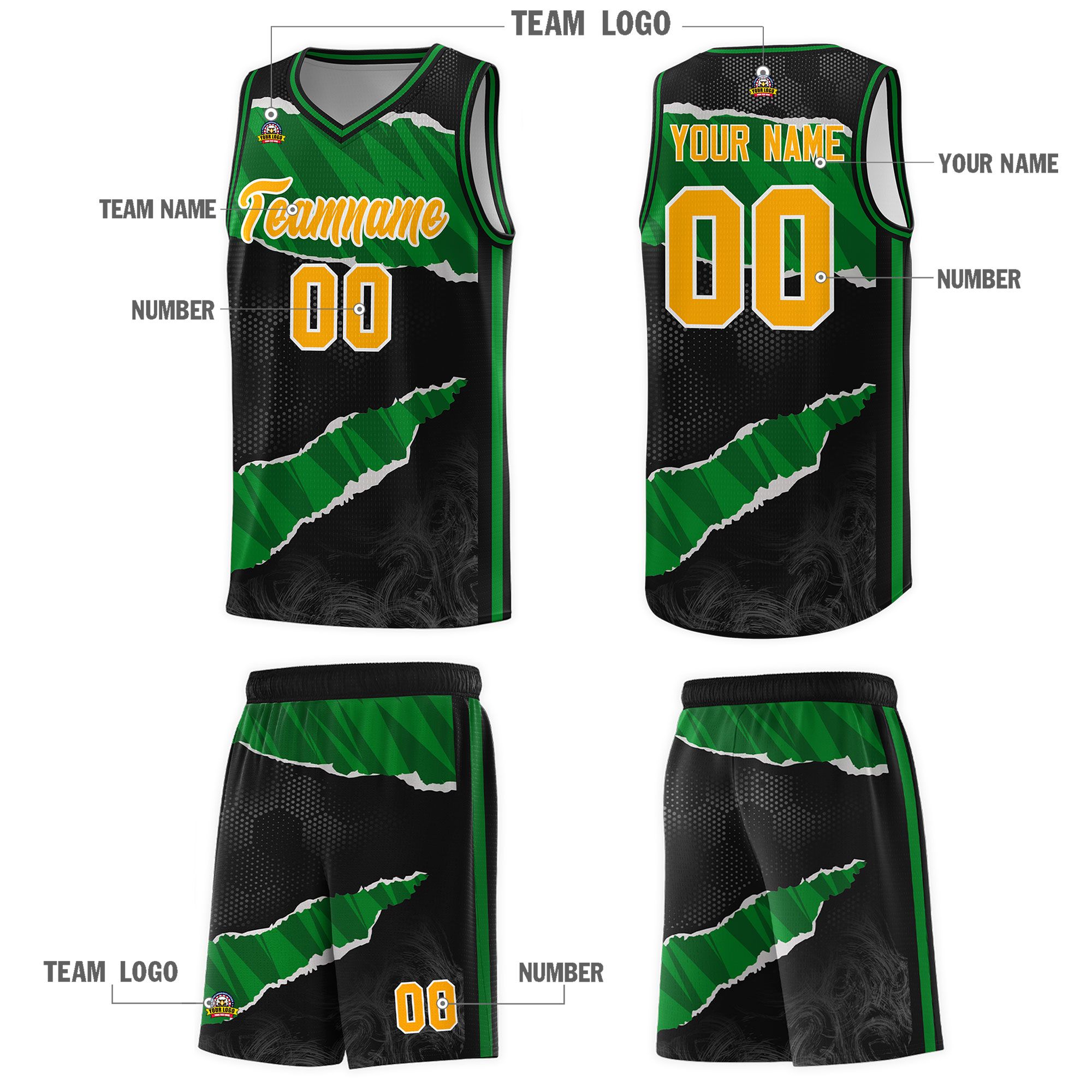 Custom Black Kelly Green-Black Tear Graffiti Pattern Sports Uniform Basketball Jersey