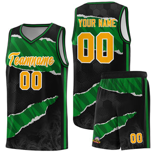 Custom Black Kelly Green-Black Tear Graffiti Pattern Sports Uniform Basketball Jersey