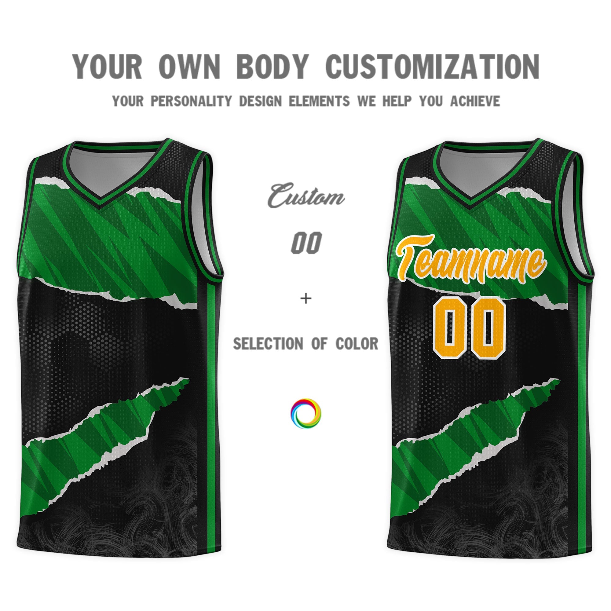 Custom Black Kelly Green-Black Tear Graffiti Pattern Sports Uniform Basketball Jersey