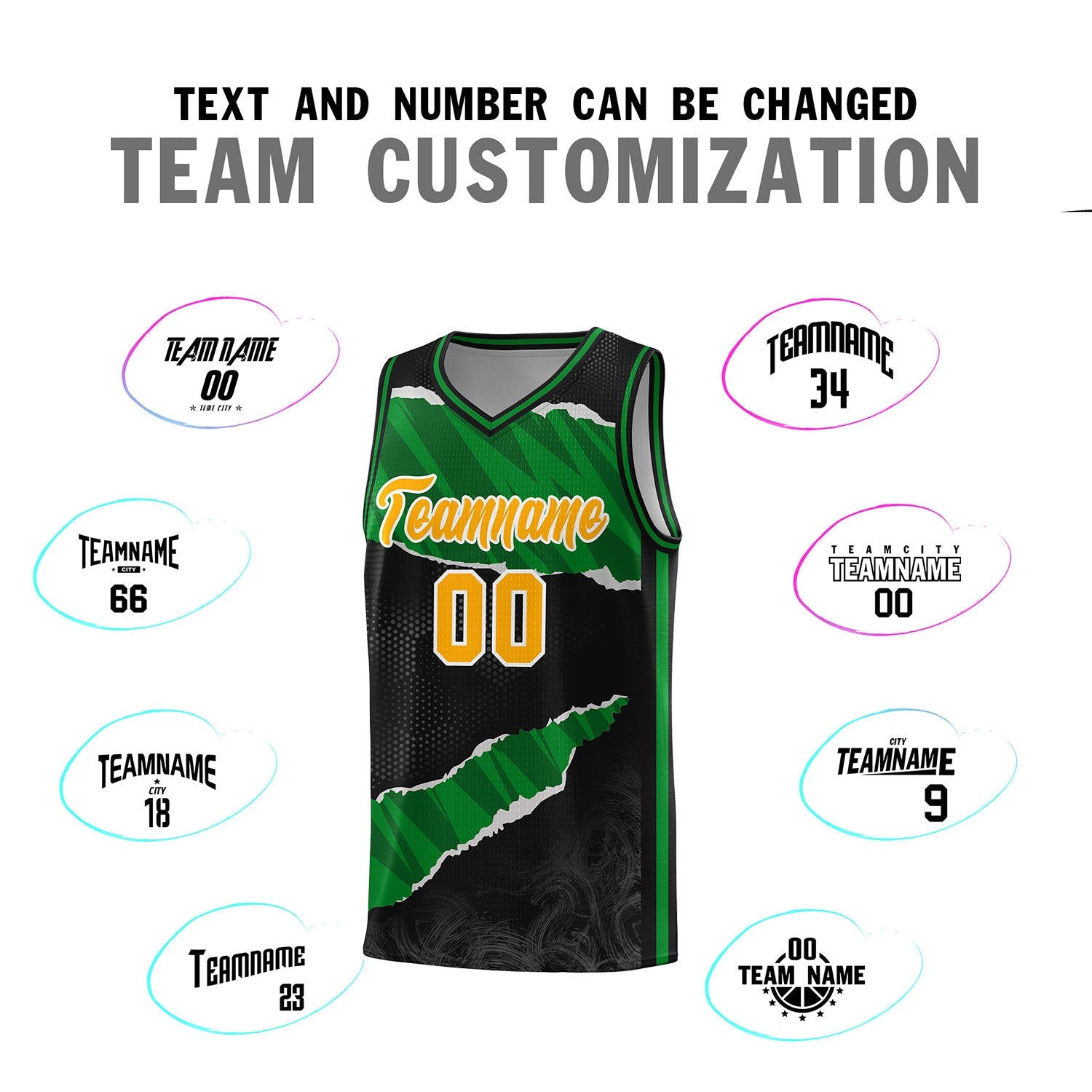 Custom Black Kelly Green-Black Tear Graffiti Pattern Sports Uniform Basketball Jersey