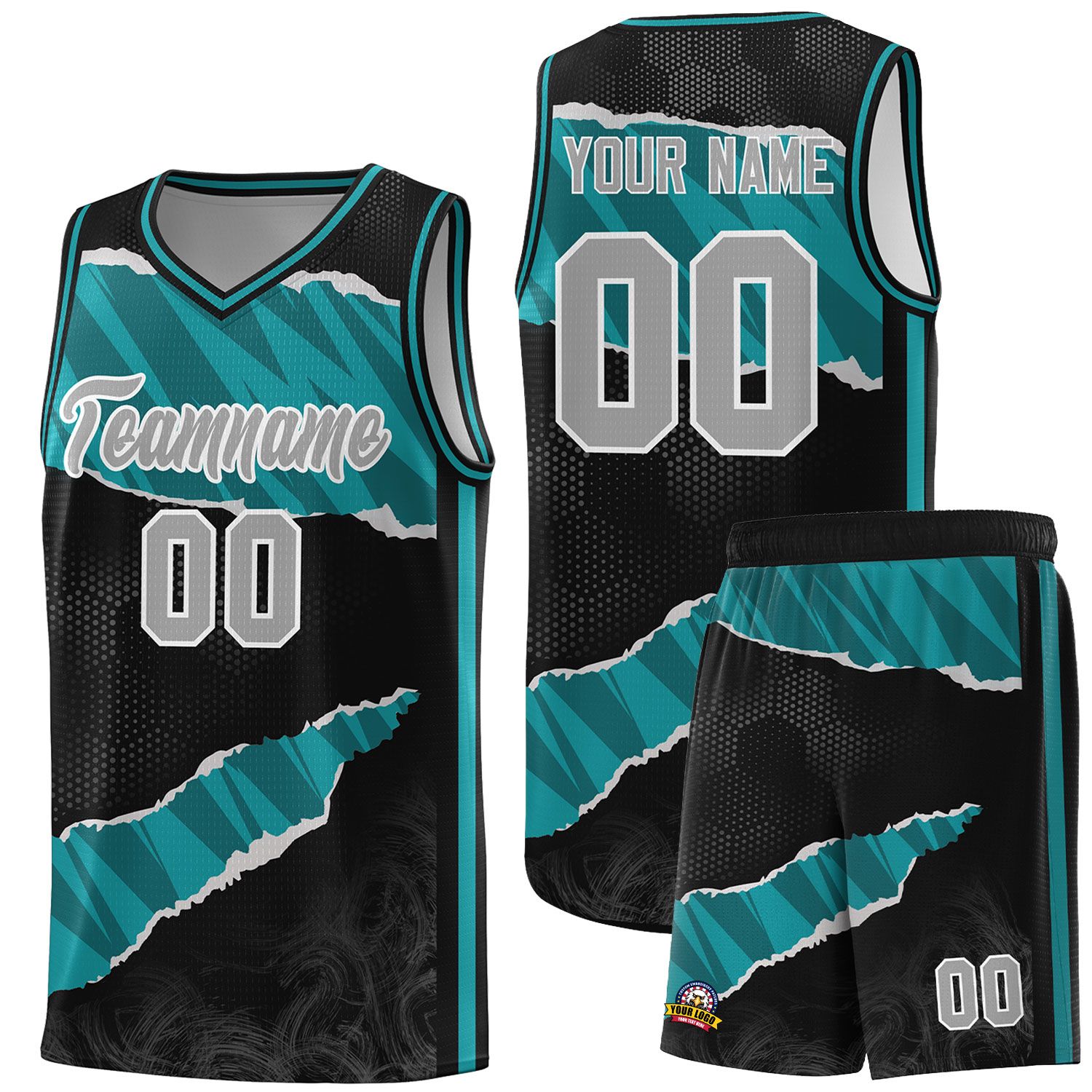 Custom Black Aqua-Black Tear Graffiti Pattern Sports Uniform Basketball Jersey