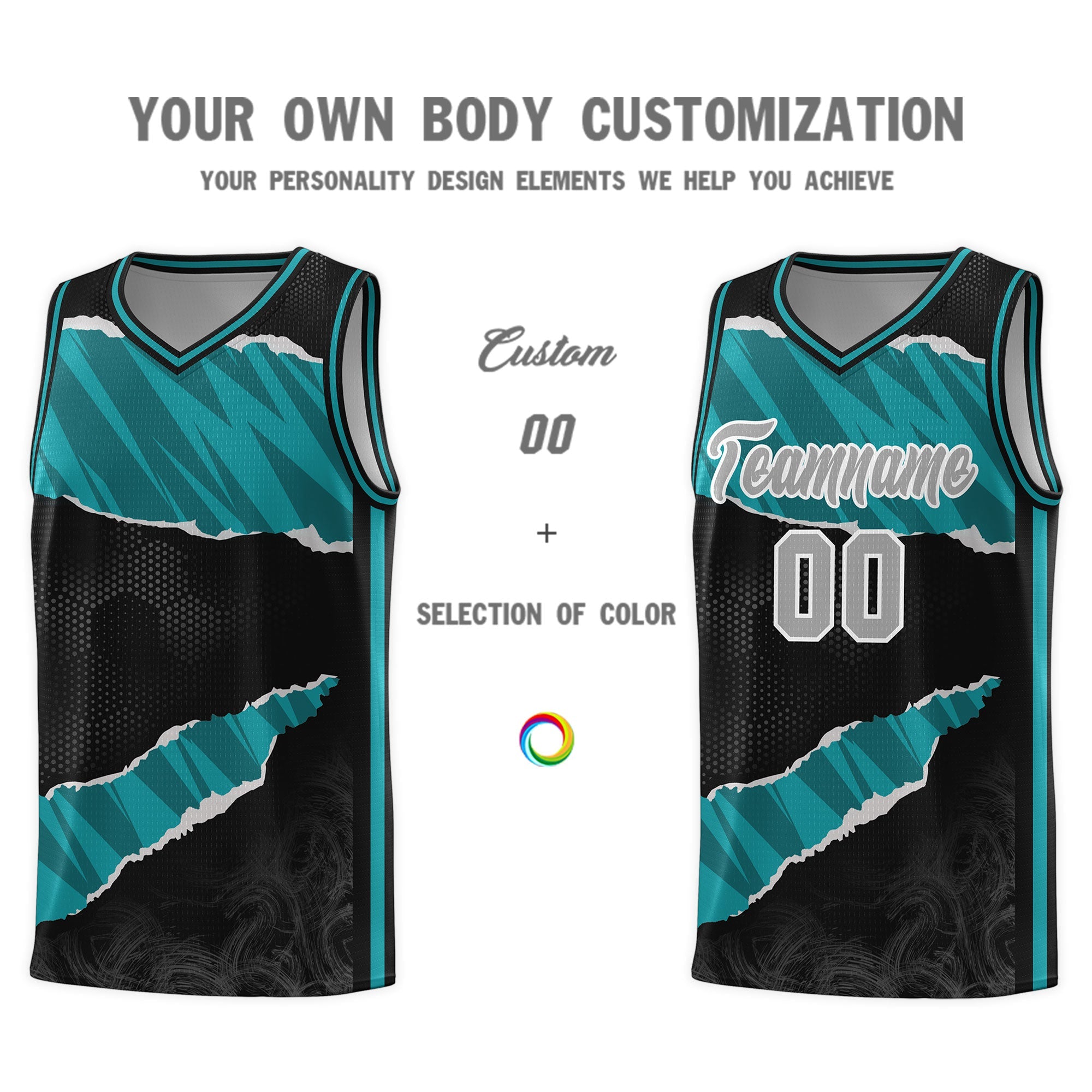 Custom Black Aqua-Black Tear Graffiti Pattern Sports Uniform Basketball Jersey